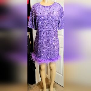 Purple Sequin/Feather Hem Dress
